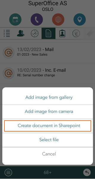 Mobile CRM: Add new document menu -app-screen